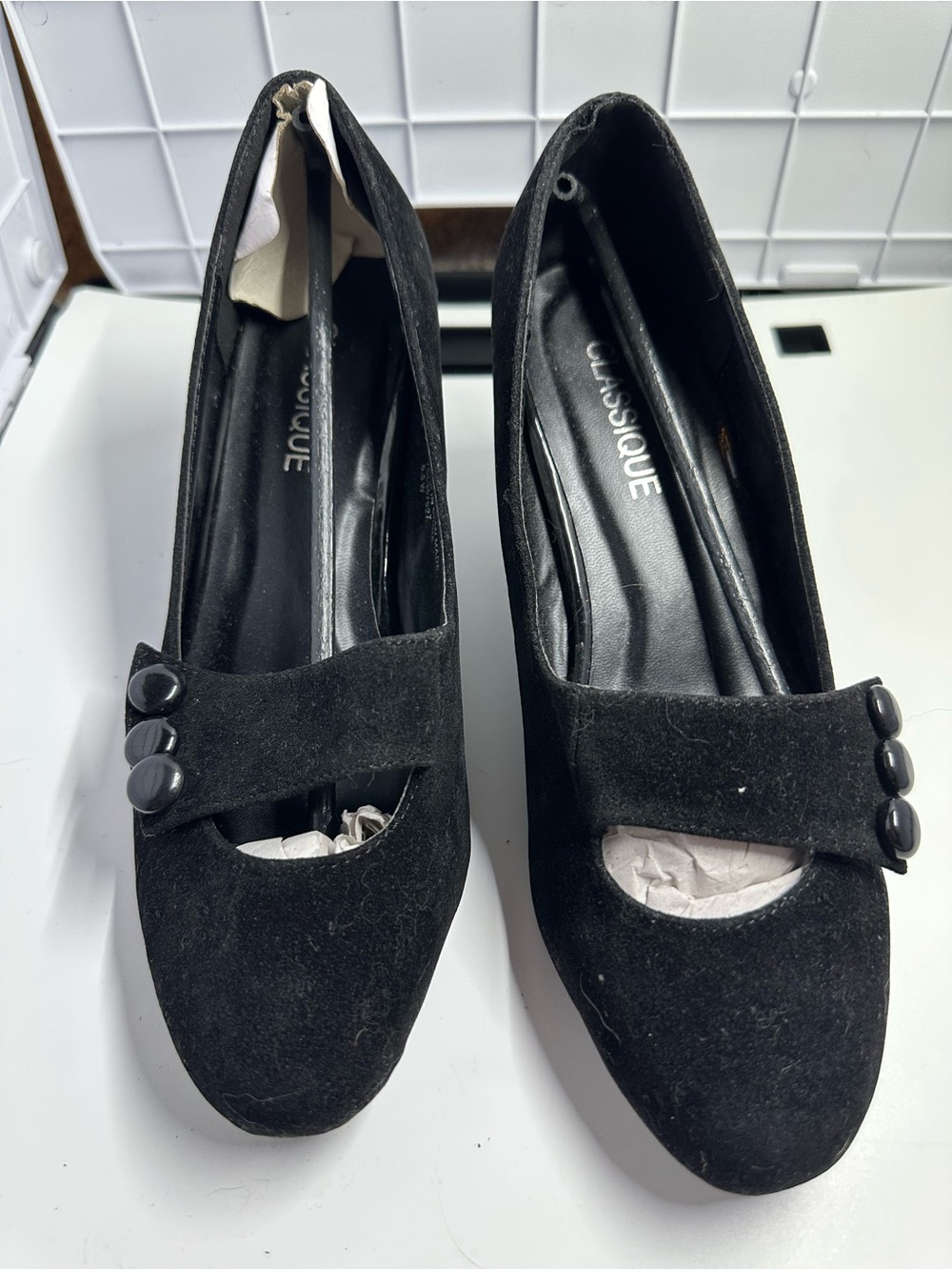 Elegant Black Faux Suede Mary Jane Heels by CLASSIQUE